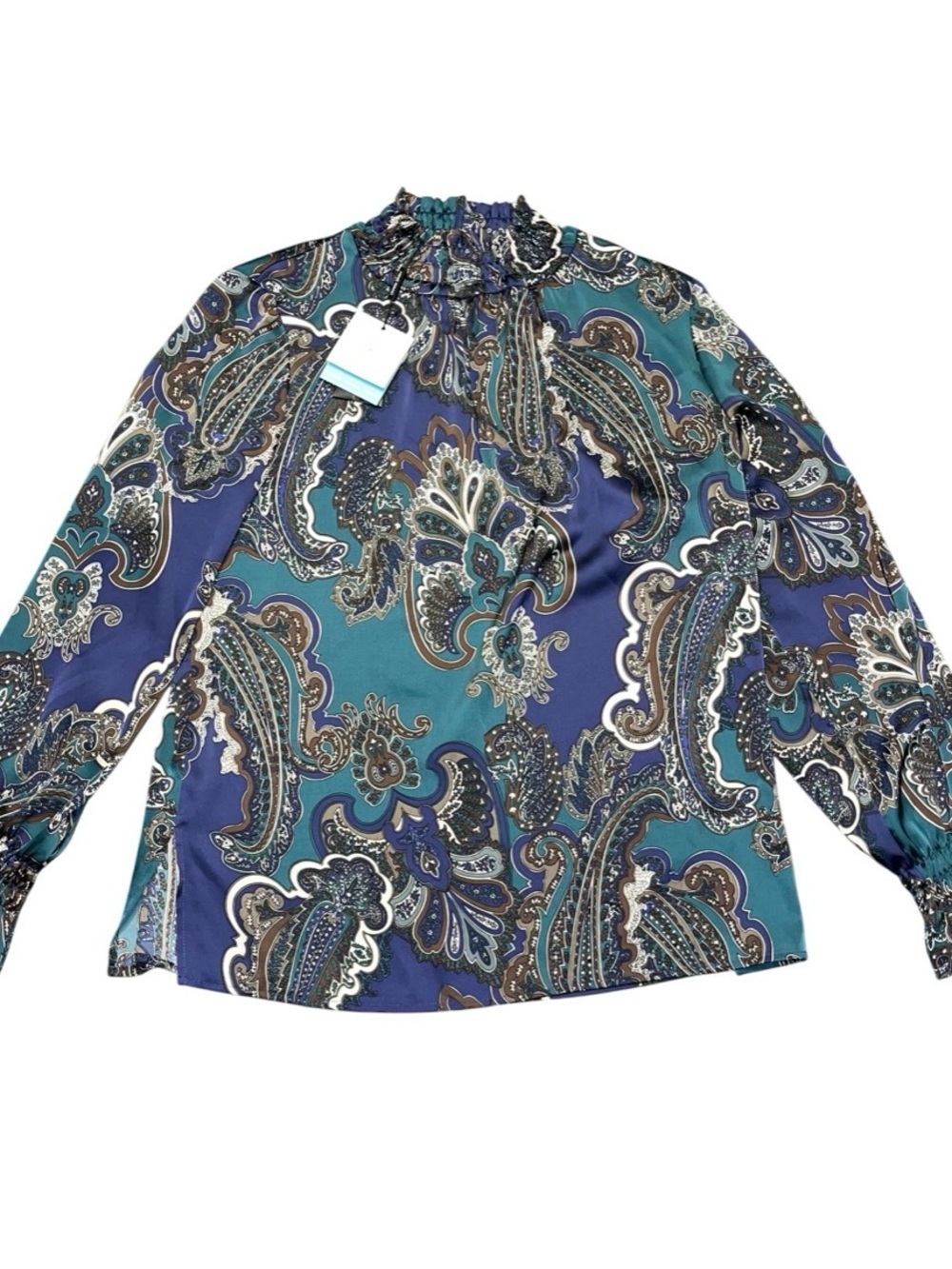 Ming Wang Blue Paisley Long Sleeve Peasant Blouse Smocked High Neck NWT Medium